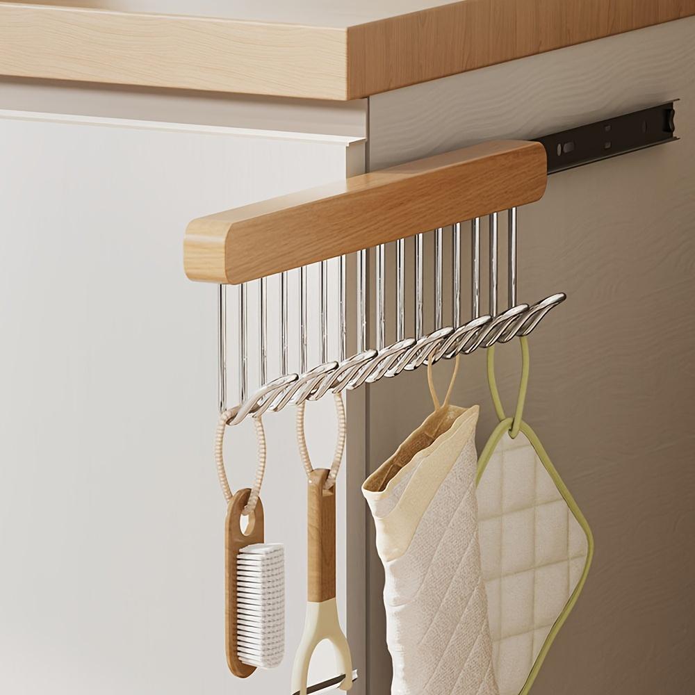 Multifunctional Retractable Wooden Hangers with Retractable Hooks - Versatile for Clothing and Kitchen Storage