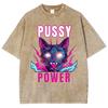 Pussy Power Cat Print Women's T-Shirt Washed Crew Neck Short Sleeve Street Cool Top Unisex