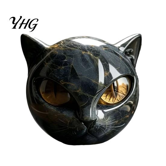 Collectible Resin Art Spherical Black Cat Head Ornament, Gothic Style Sculpture with Colorful Whimsical Animal Figurine Eyes for Halloween