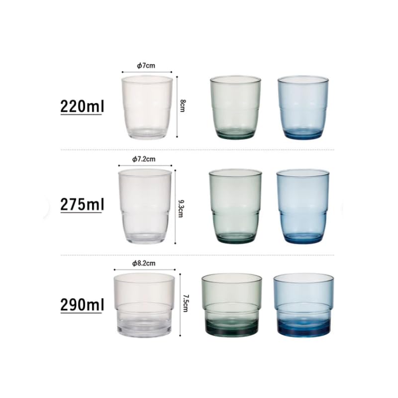 CB Japan Stackable Tumblers, 220ml, Set of 3, Clear Blue and Green Resin Tumblers, Glass-Like Transparency
