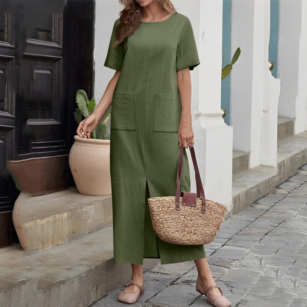 Женское модное платье из хлопка и льна, однотонное, свободное, с круглым вырезом и коротким рукавом