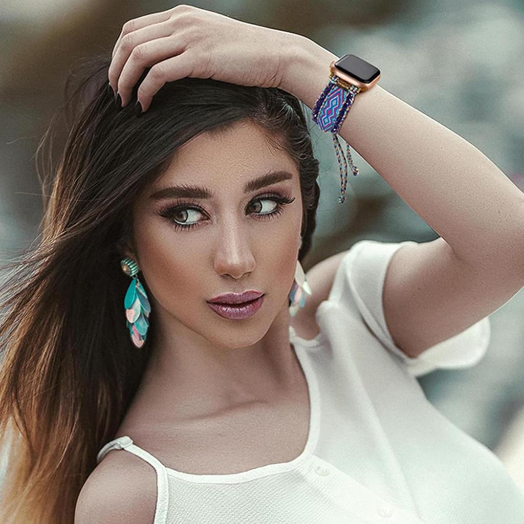 Бохо плетеный ремешок, совместимый с ремешком для Apple Watch 42 мм 44 мм 45 мм 46 мм 49 мм для женщин, тканый браслет дружбы ручной работы с бусинами, регулируемый ремешок для