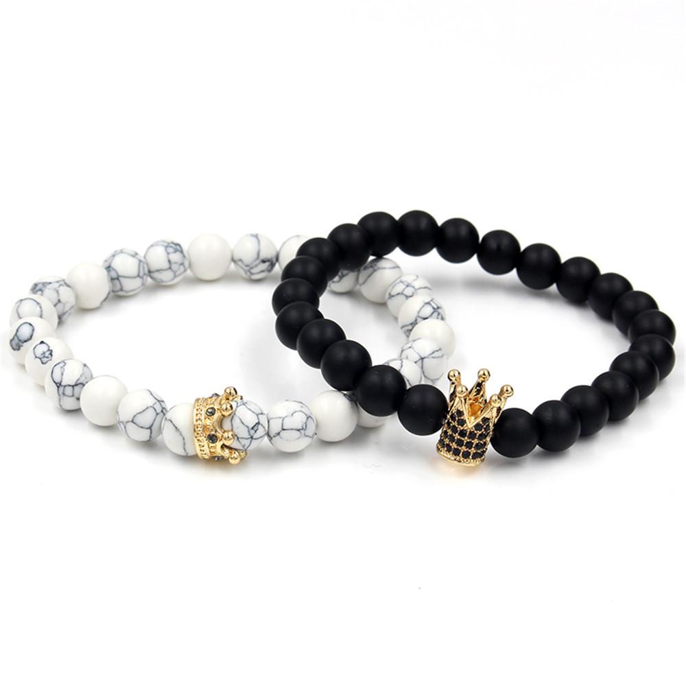 Hot-selling hand jewelry black frosted stone turquoise elastic bracelet with diamond crown couple bracelet combination set