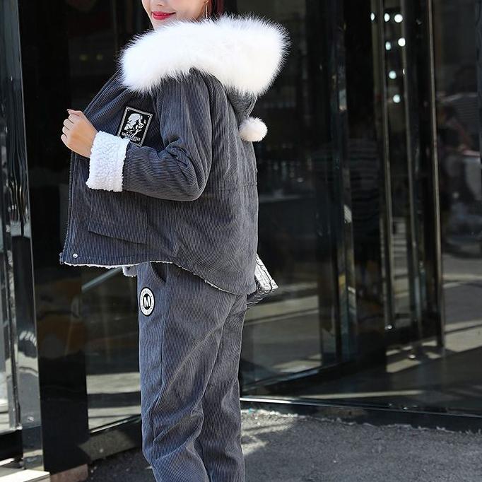 Женский зимний костюм, осенняя студенческая вельветовая куртка из овечьей шерсти, бархатный утолщенный повседневный комплект из двух предметов с капюшоном, пальто