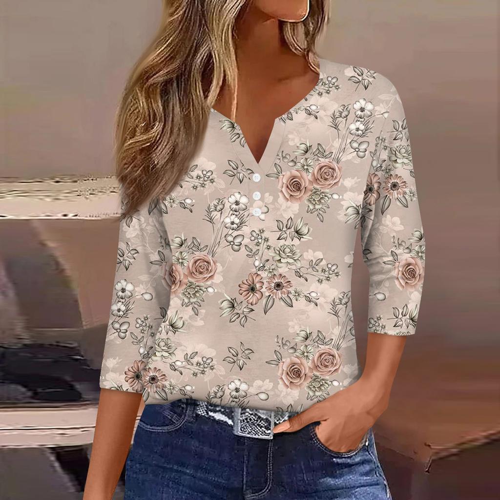 Жен. Футболка Футболка С принтом Пуговицы Рукав 3/4 Повседневные Выходные Мода Классический Классический V-образный вырез Обычный Верх