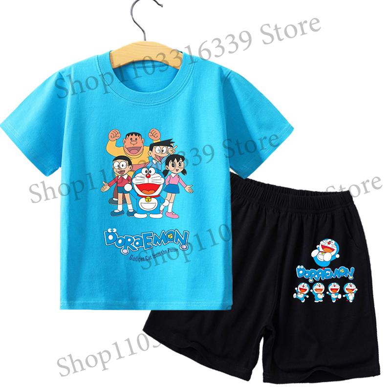 Boy Girl Short Sleeves Shorts 2pcs Set Kid Blue Top Summer Clothes Children T-shirt Set Cute Cartoon Tees