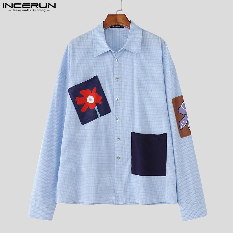 INCERUN Мужские рубашки оверсайз с лацканами, длинным рукавом, цветочным принтом и клеткой, повседневные топы