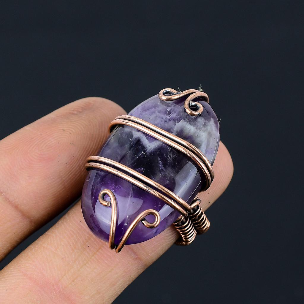 Натуральный шалфейный аметист, драгоценный камень, кольцо из медной проволоки ручной работы, размер 6,5, V3w43