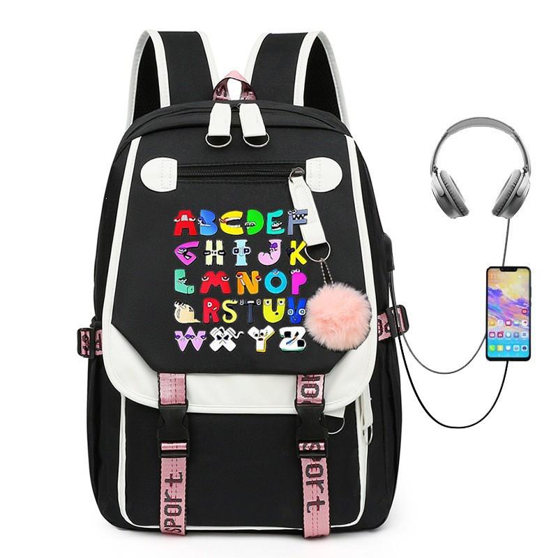 Kids School Backpack With Alphabet Lore Cartoon Design Large Capacity Oxford Fabric Bag Grades 2-6 Breathable Lightweight