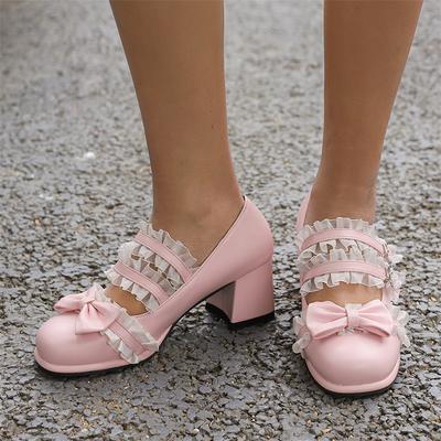 FOREADA Женские туфли-лодочки Мэри Джейн в стиле Лолита, с круглым носком, на толстом среднем каблуке, с пряжкой, бантом и оборками, женские туфли каваи для косплея, весна-осень 43