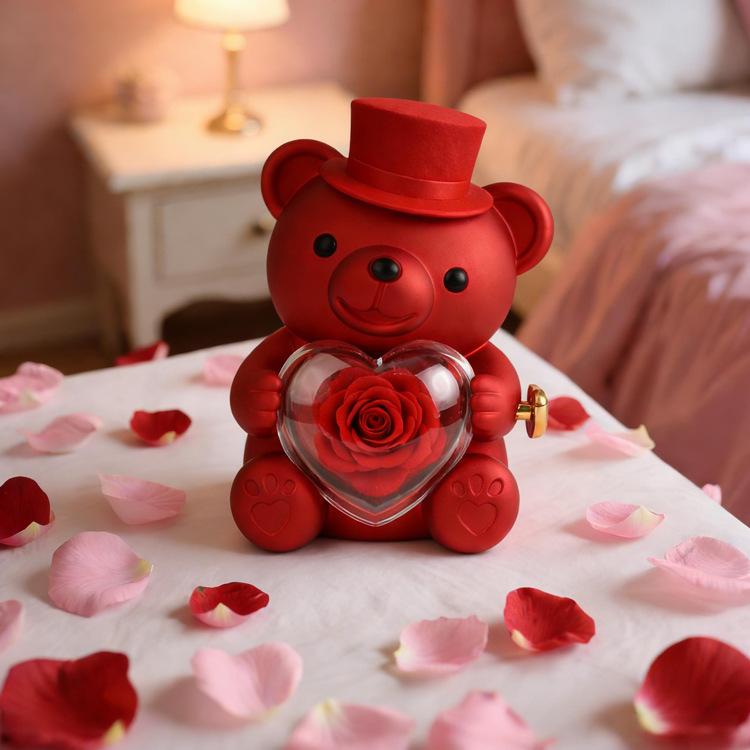 Birthday Hug Bear Flip Rose Jewelry Box Preserved Flower Creative Surprise Gift Box