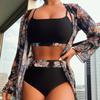 1011 European and American New Maple Leaf Printing Long-sleeved Splicing Bikini Three-piece Split Swimsuit Women's Swimsuit