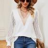 Hollow Long Sleeve V-neck Lace Shirt Women Loose Vintage White Blouses Women Elegant Fashion Lady Casual Tops Blusas Mujer 29541