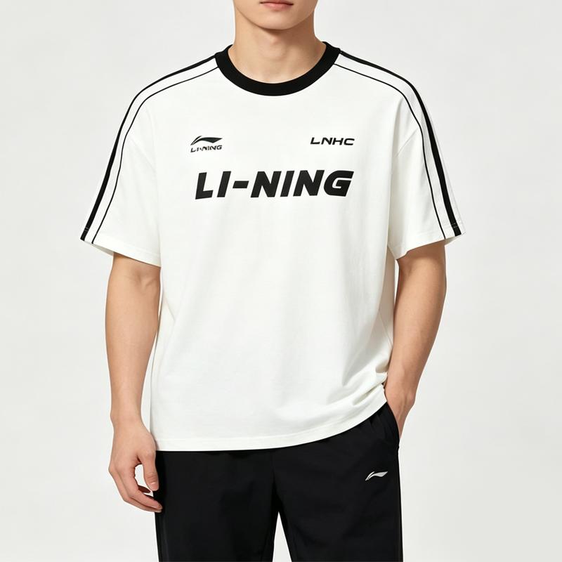 Li-Ning Летний мужской костюм с коротким рукавом, удобный, дышащий, приятный для кожи, модный, универсальный, повседневный, спортивный. Мужской костюм AHSU657-1+AYKU703-1