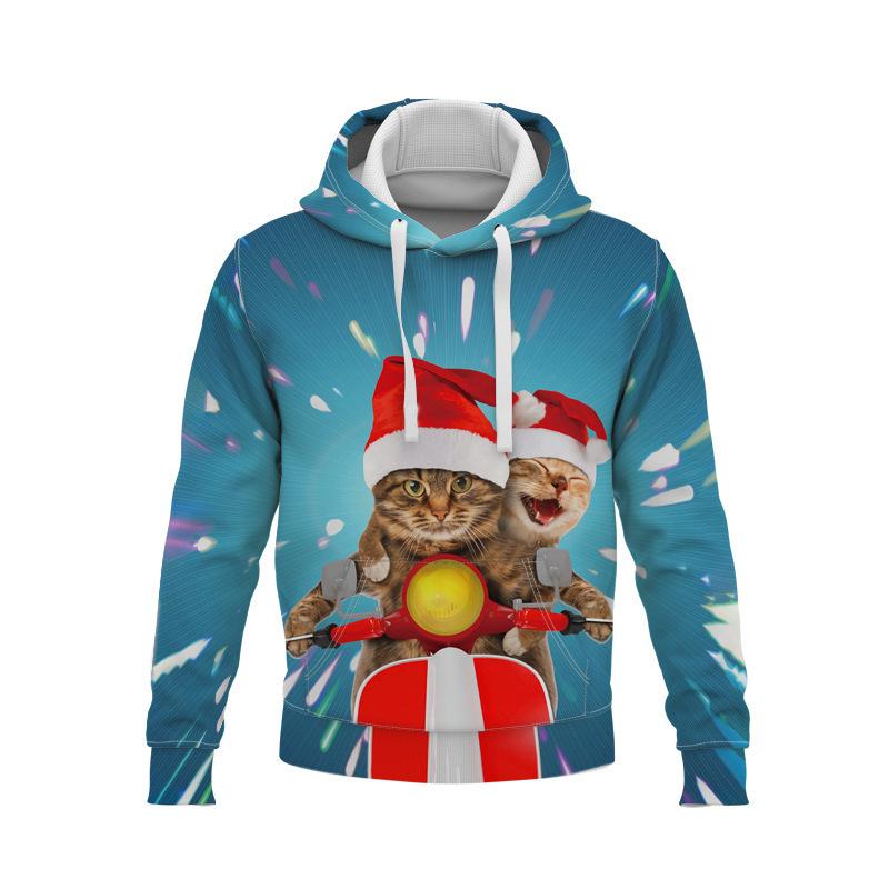Men's and Women's Christmas Cat Hooded Sweatshirts, Fashionable Clothing, Fun Children's Animal Print Outerwear, Harajuku Large