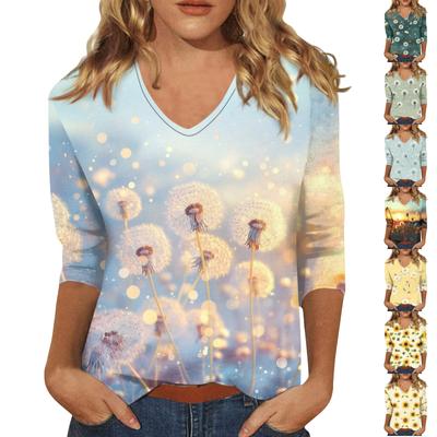 Женские топы, рубашка с рукавом три четверти, свободная повседневная рубашка с V-образным вырезом, футболка с цветочным принтом