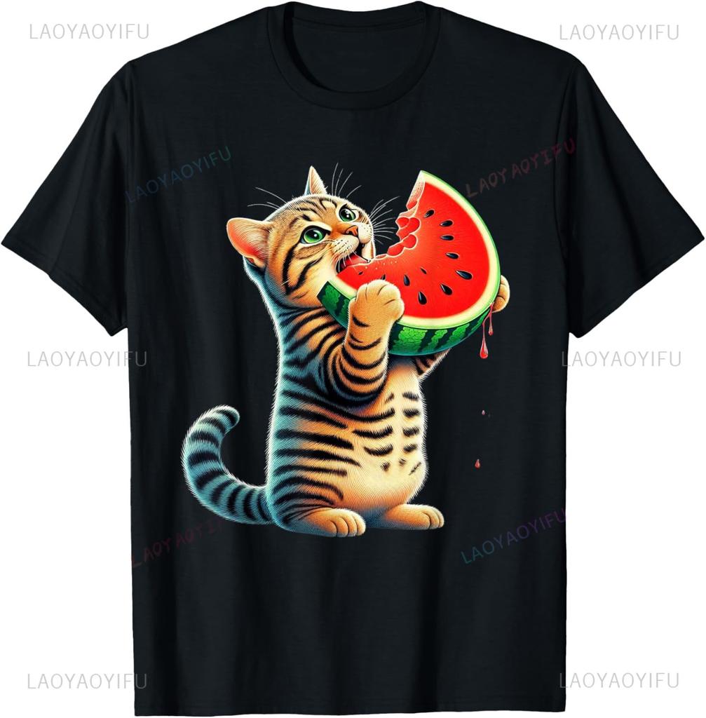 Cute Funny Cat on Watermelon Meme T Shirt Men Women ONeck Fashion Short Sleeve Tshirts Retro Harajuku Oversized Tshirt