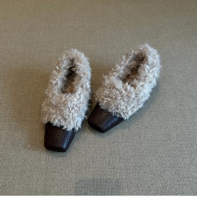 Версия из коровьей кожи, пушистые туфли на высоком каблуке, женские бархатные теплые туфли с квадратным носком, одинарные лоферы на толстом каблуке, маленькие кожаные туфли, хлопковые туфли