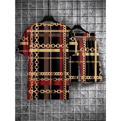 Новый мужской двухкомпонентный костюм с переплетенным принтом, летний мужской костюм из двух частей с короткими рукавами и воротником-стойкой + шорты