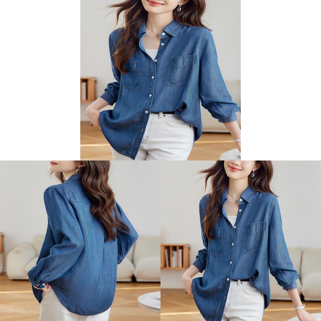 Tencel Denim Blue Shirt For Women Long Sleeve Casual Office Wear With Wrinklefree Technology