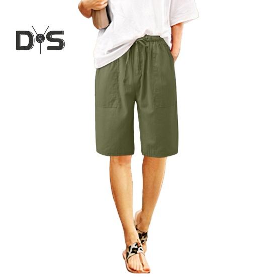 Женские летние шорты из хлопка и льна, повседневные шорты с широкими штанинами, завязывающиеся на шнурок, с карманами, длиной до колена для отдыха на пляже