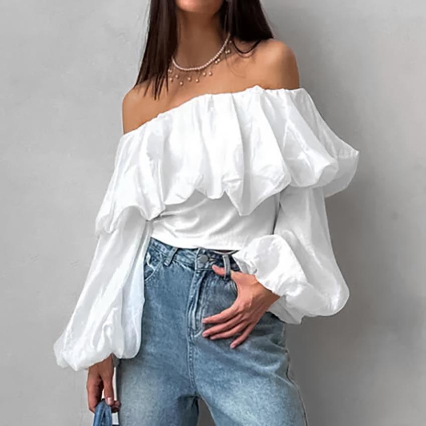1116 Summer New One-Neck Bubble Sleeve Fashion Casual Sexy Shirt White European and American Off-Shoulder Commuter Women's Clothing