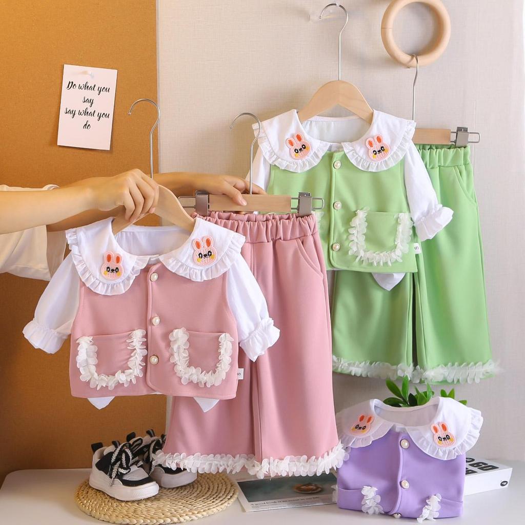 Girls' Long Sleeved 3-piece Set, Cute Lace Vest for Girls Aged 0-5+lapel Shirt+matching Long Pants Set, High-quality Clothes