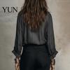 Classic Fall Top Women Ruffle V-Neck Top, Solid Color Casual Long Sleeve Breathable Shirt Pullover Shirt, Retro Pleated Loose Blouse for Autumn V-neck