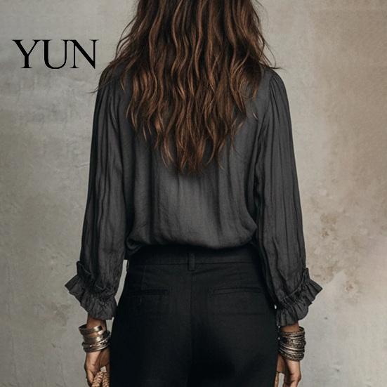 Classic Fall Top Women Ruffle V-Neck Top, Solid Color Casual Long Sleeve Breathable Shirt Pullover Shirt, Retro Pleated Loose Blouse for Autumn V-neck