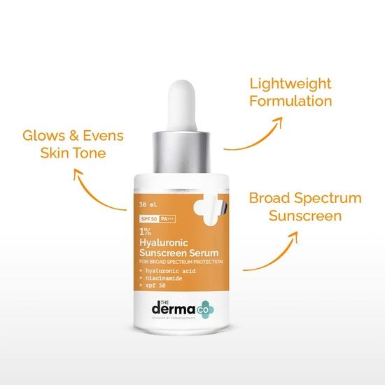 Солнцезащитный крем Derma Co 1% гиалуроновой кислоты для всех типов кожи, сыворотка с SPF 50 и ниацинамидом для широкого спектра защиты - 30 мл, упаковка из 1 шт.