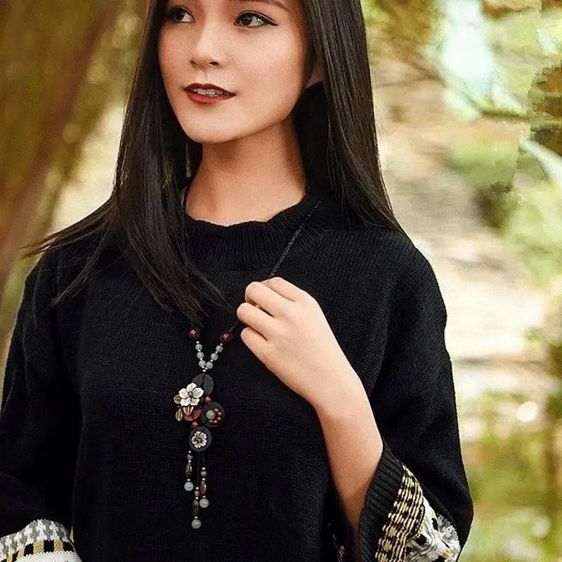 Этнический стиль Креативное бирюзовое деревянное украшение Кисточка Ожерелье Винтажный нефрит Длинная цепочка для свитера Богемное деревянное ожерелье с подвеской