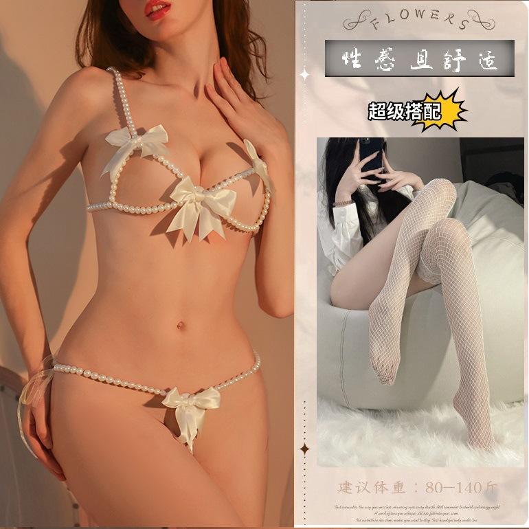 Night sex underwear sexy three-point temptation bare chest open passion bed free pearl suit underwear