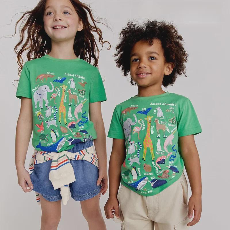 Детские футболки с коротким рукавом и мультяшными животными: Топы с круглым вырезом для маленьких и средних детей, лето 2025 г.
