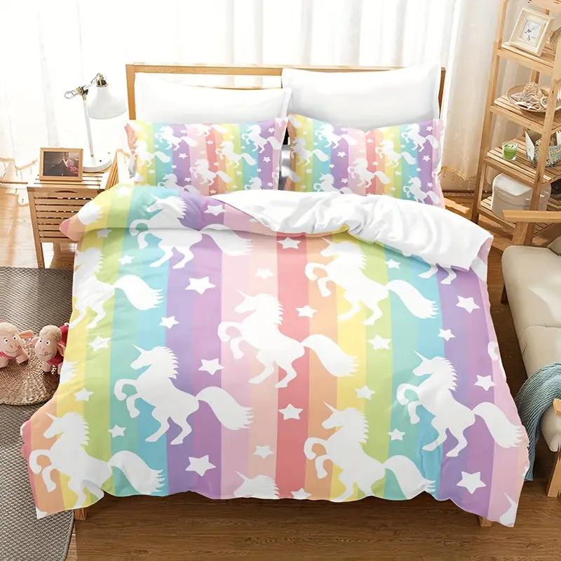 Rainbow Unicorn Three-Piece Digital Printing Kit Quilt Cover Bedding