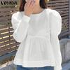 Women Casual Round Neck Puff Long Sleeve Solid Color Loose Blouse