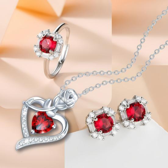 Комплект украшений в виде сердечек из красного циркония с ожерельем и серьгами из стразов, комплект колец, романтические аксессуары на день рождения, подарок на День святого Валентина