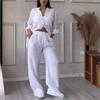 Women's Casual Solid Color Shirt Drawstring Wide-leg Pants Suit