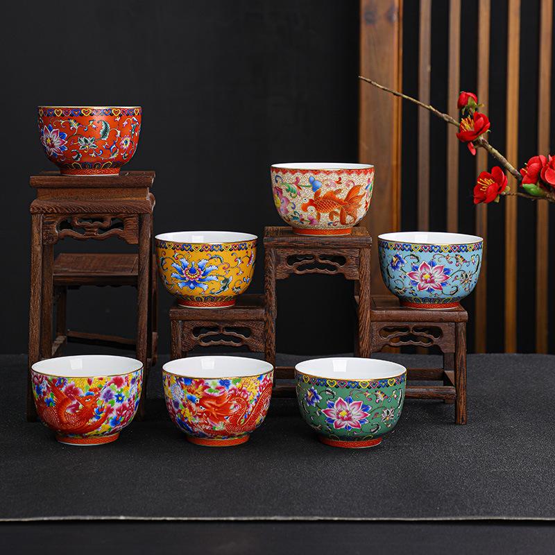 Handmade Enameled Master's Cup Cloisonné with Ten Thousand Flowers Pattern Jian Zhan Style Ceramic Tea Cup