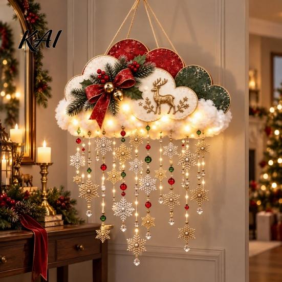 Seasonal Home Decor Vintage Lighted Christmas Snowfall Cloud, Cascading Snowflake Light with Reindeer/Angel, Snow Theme Wall LED Holiday Hanging