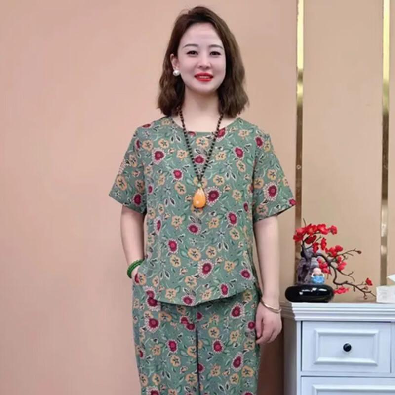 YUZHAOLIN Женский летний комплект из двух предметов с цветочным принтом и короткими рукавами для женщин среднего возраста