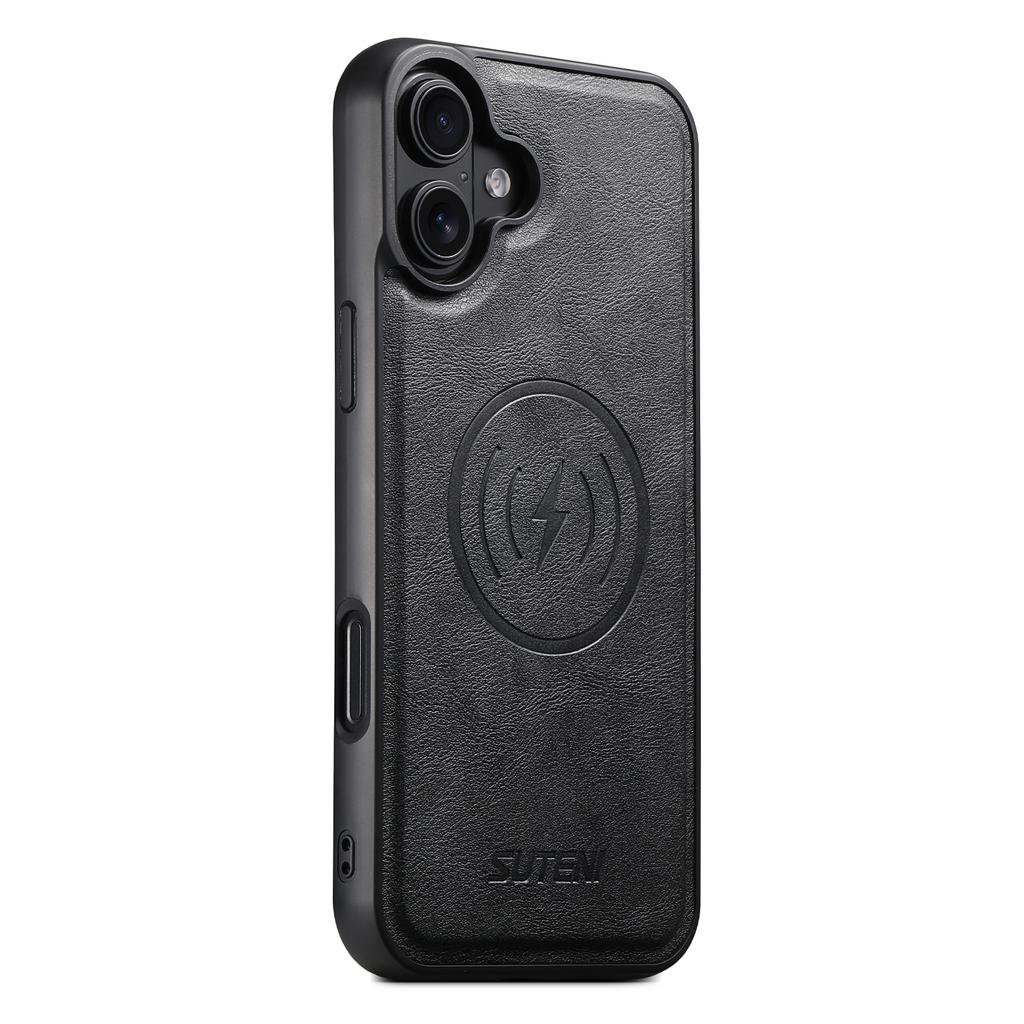 SUTENI M4 For iPhone 16 Magnetic Case with Card Holder Cowhide Texture Leather Back Cover