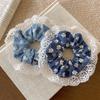 Summer Denim Color Embroidered Flowers Lace Hair Scrunchies For Women Girl Sweet Lovely Head Rope Accessories