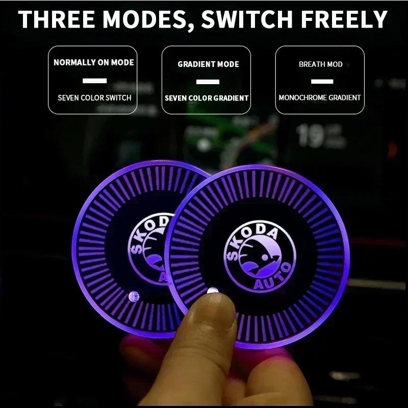 EMIW1 7 Colors LED Car Drinks Holder Water Logo Cupmat Coaster for SKODA Superb Kamiq Octavia A5 Fabia Rapid Yeti Kodiak Accessories