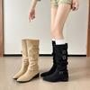 Ленивый ветер пряжка ремня ботильоны 2025 осень и зима острый носок толстый средний каблук замша свободный большой голенище высокий обхват голенища длинные сапоги женские