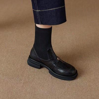 Женские ботильоны-носки из мягкой кожи и трикотажа с круглым носком и толстой подошвой, на подкладке из плюша