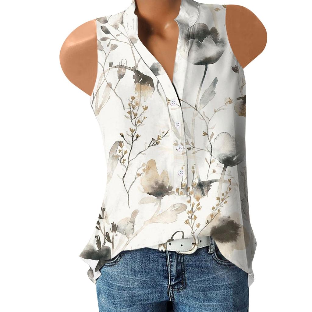 Women's Printed Sleeveless Button-down Casual Shirt