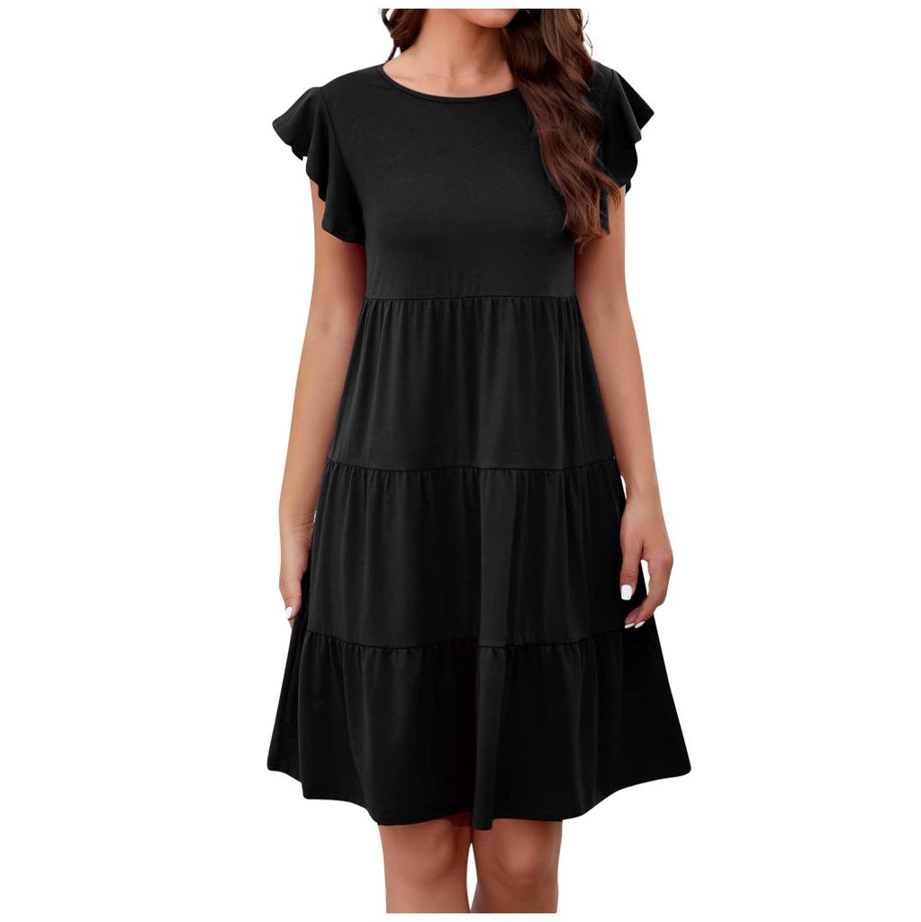 Summer Beach Dress For Women Casual Round Neck Tunic Ruffle Short Sleeve A-Line Tiered Babydoll Dress Flowy  Dress