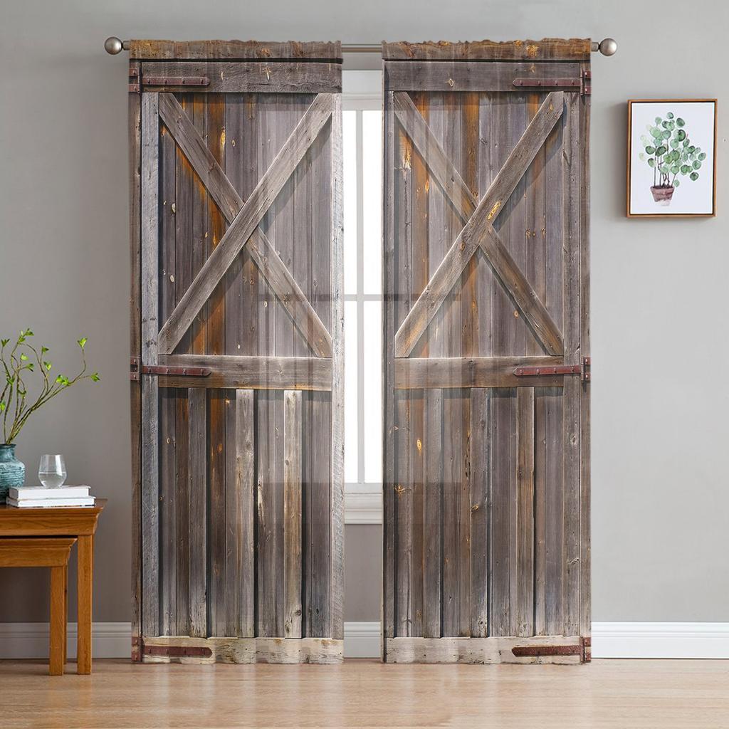 Wooden Door Stone Wall Shabby Retro Tulle Curtains for Living Room Decoration Modern Chiffon Sheer Voile Kitchen Bedroom Curtain
