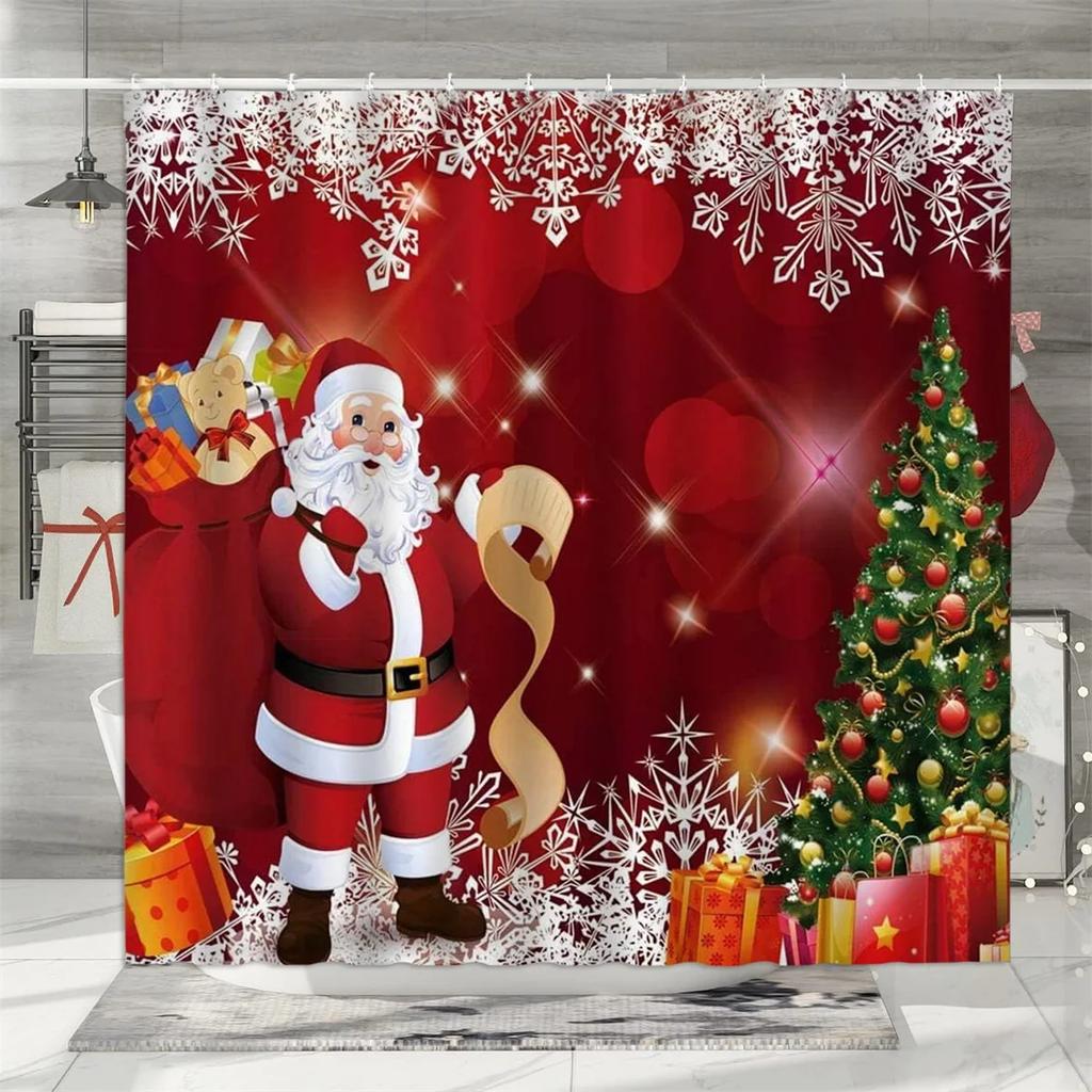 Christmas Shower Curtain, Winter Holiday Farm Snowman Santa Claus Christmas Tree Farmhouse Christmas Balls Bathroom Decorations