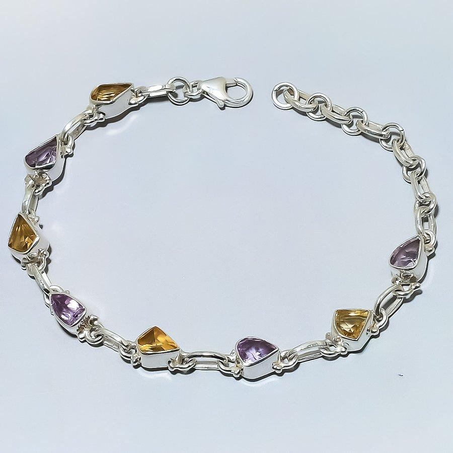 Natural Pink Amethyst,Citrine 925 Solid Sterling Silver Gift Bracelet 7-8" L8o45